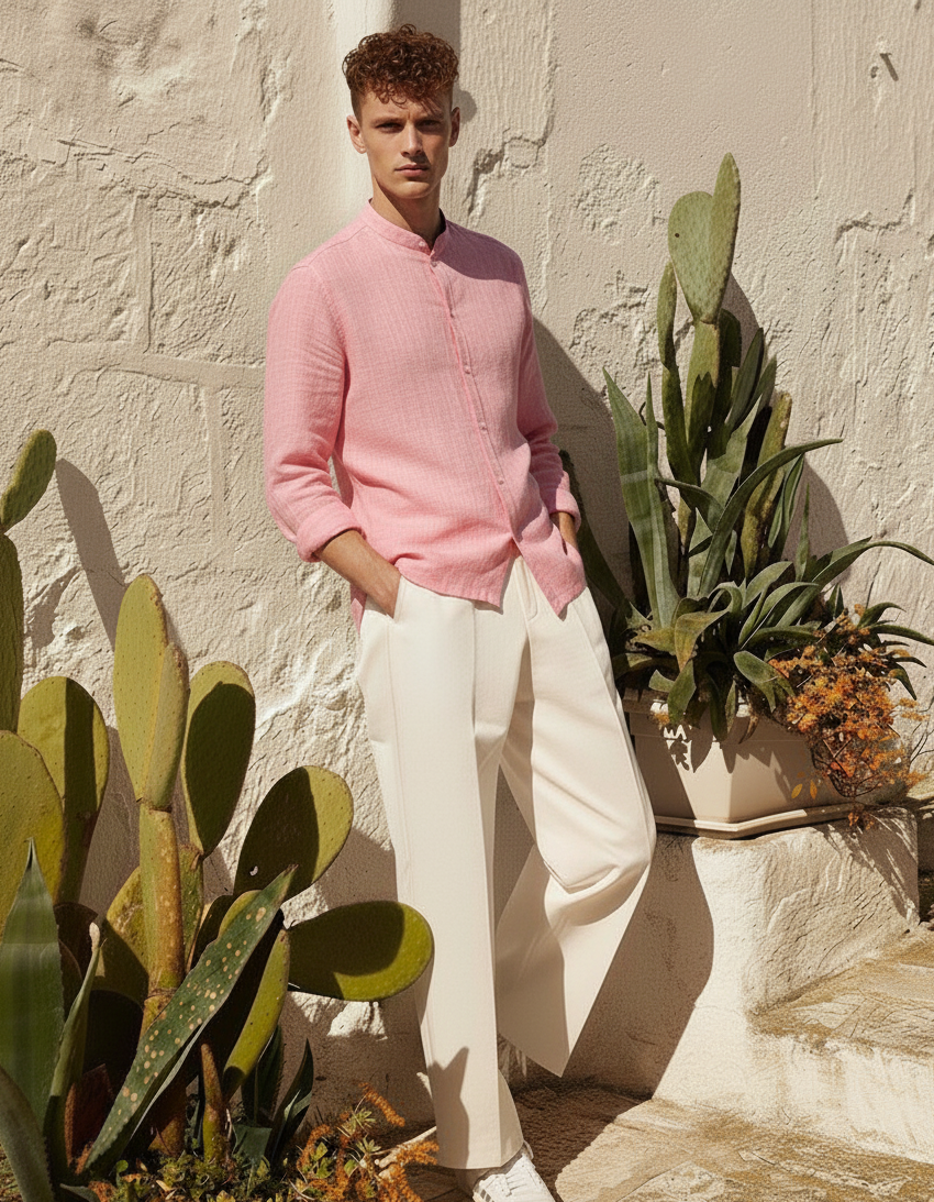 Men Regular Fit Solid Mandarin Collar Casual Shirt