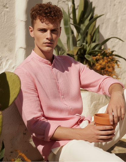 Men Regular Fit Solid Mandarin Collar Casual Shirt