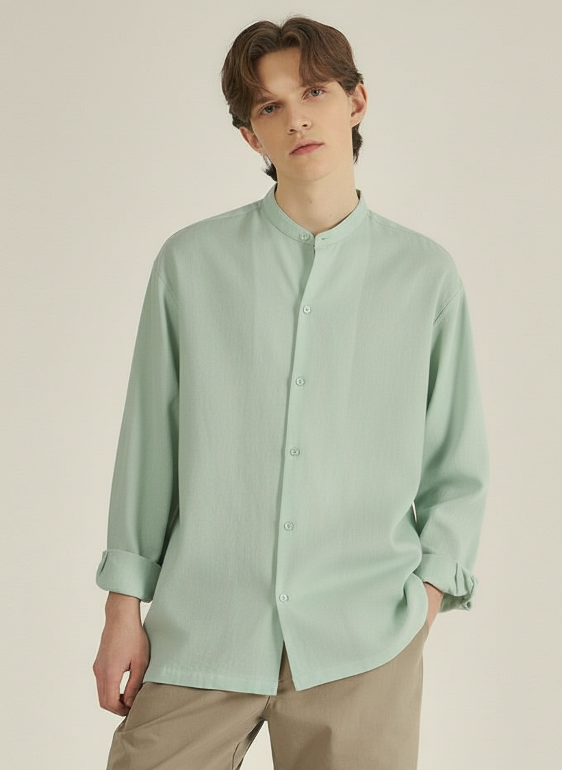 Men Regular Fit Solid Mandarin Collar Casual Shirt