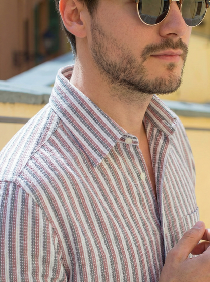 Pink and White Color Stripes Knitted Fabric Shirt