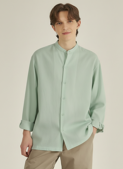 Men Regular Fit Solid Mandarin Collar Casual Shirt