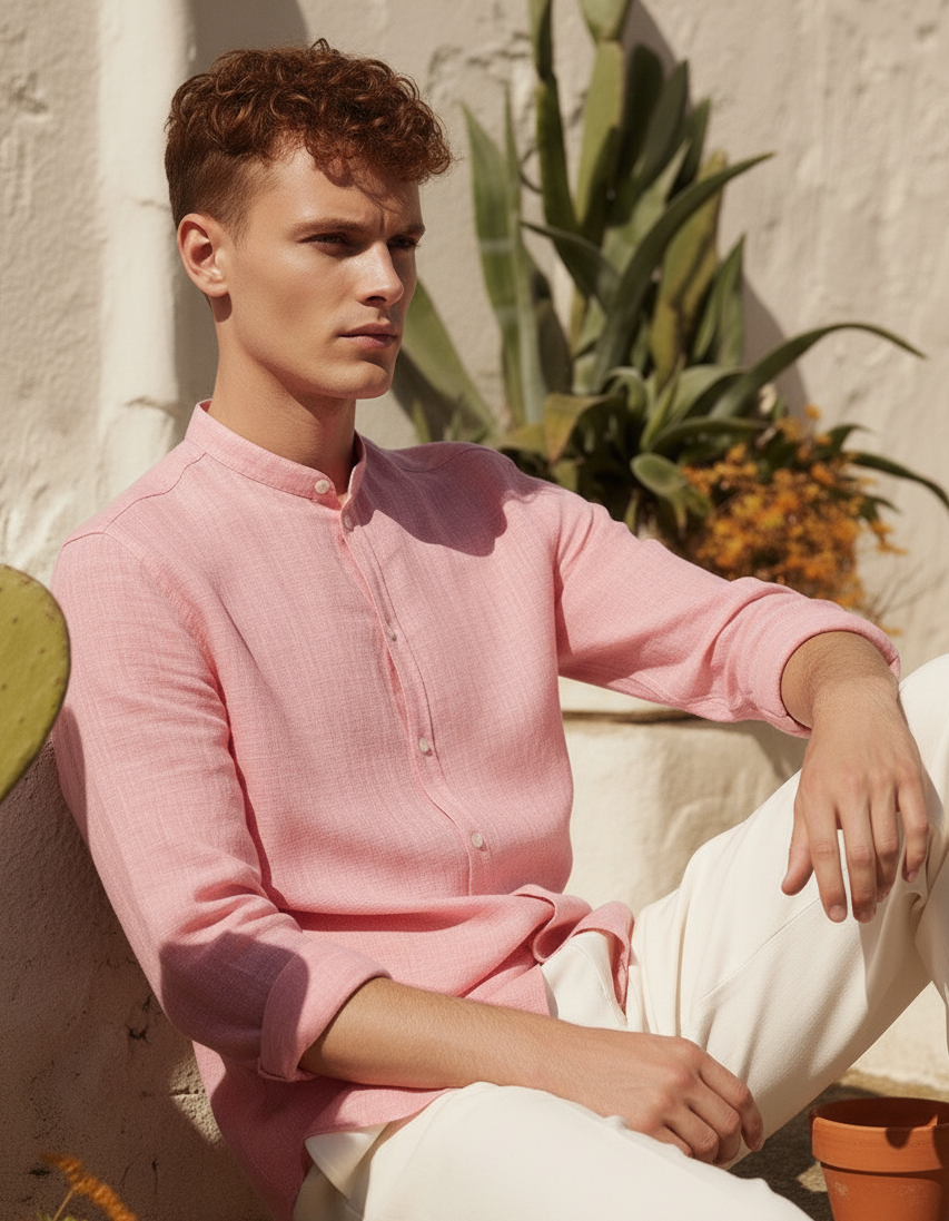 Men Regular Fit Solid Mandarin Collar Casual Shirt