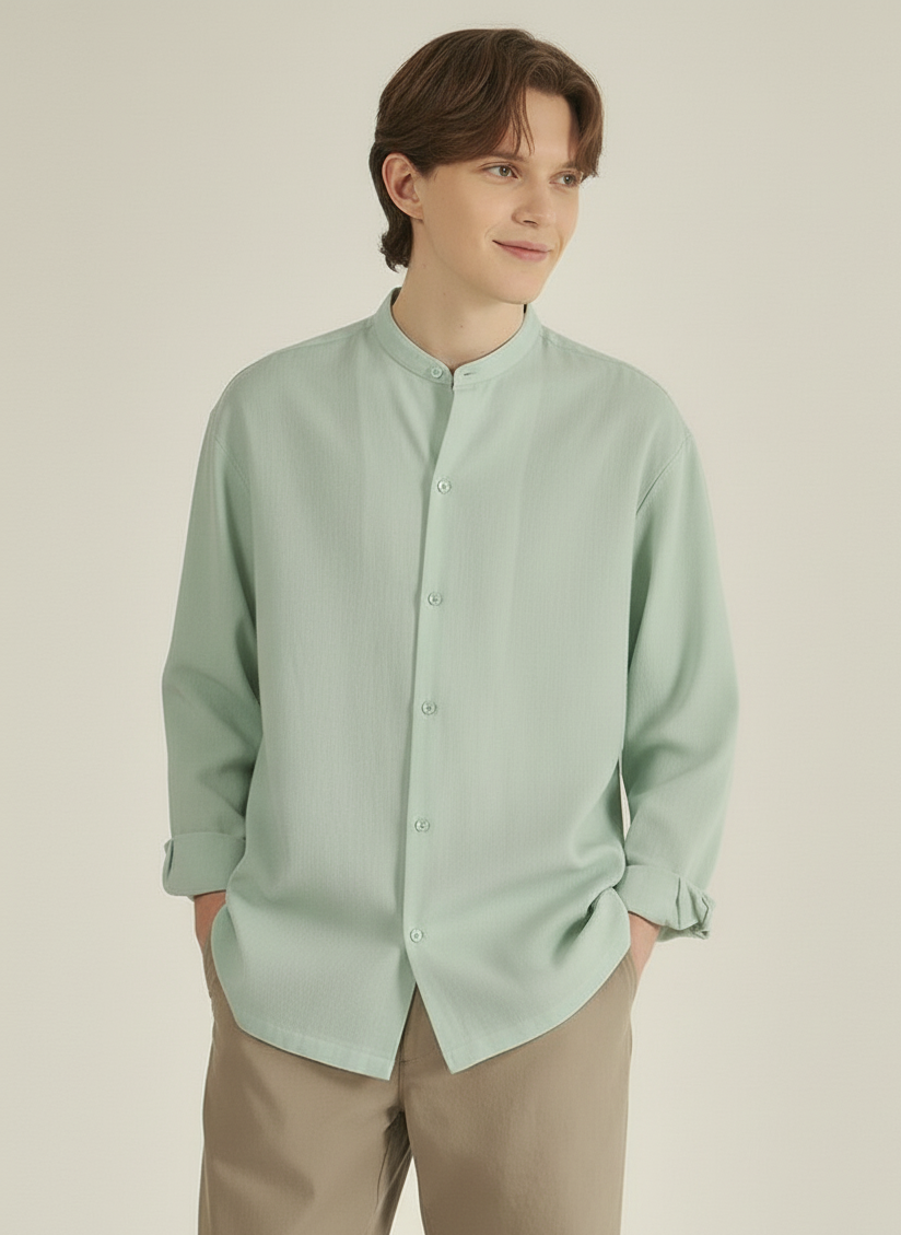 Men Regular Fit Solid Mandarin Collar Casual Shirt