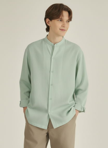 Men Regular Fit Solid Mandarin Collar Casual Shirt