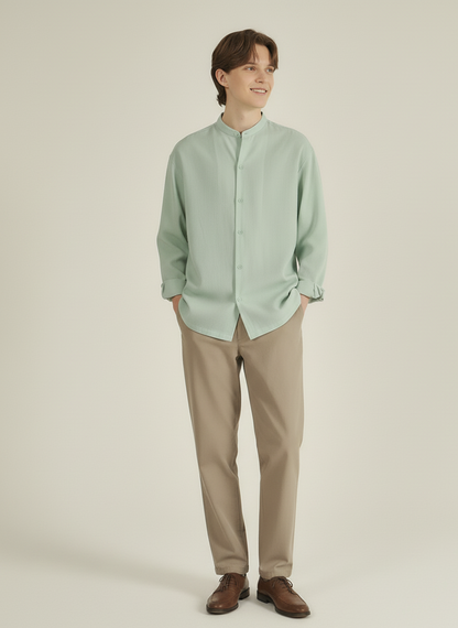 Men Regular Fit Solid Mandarin Collar Casual Shirt