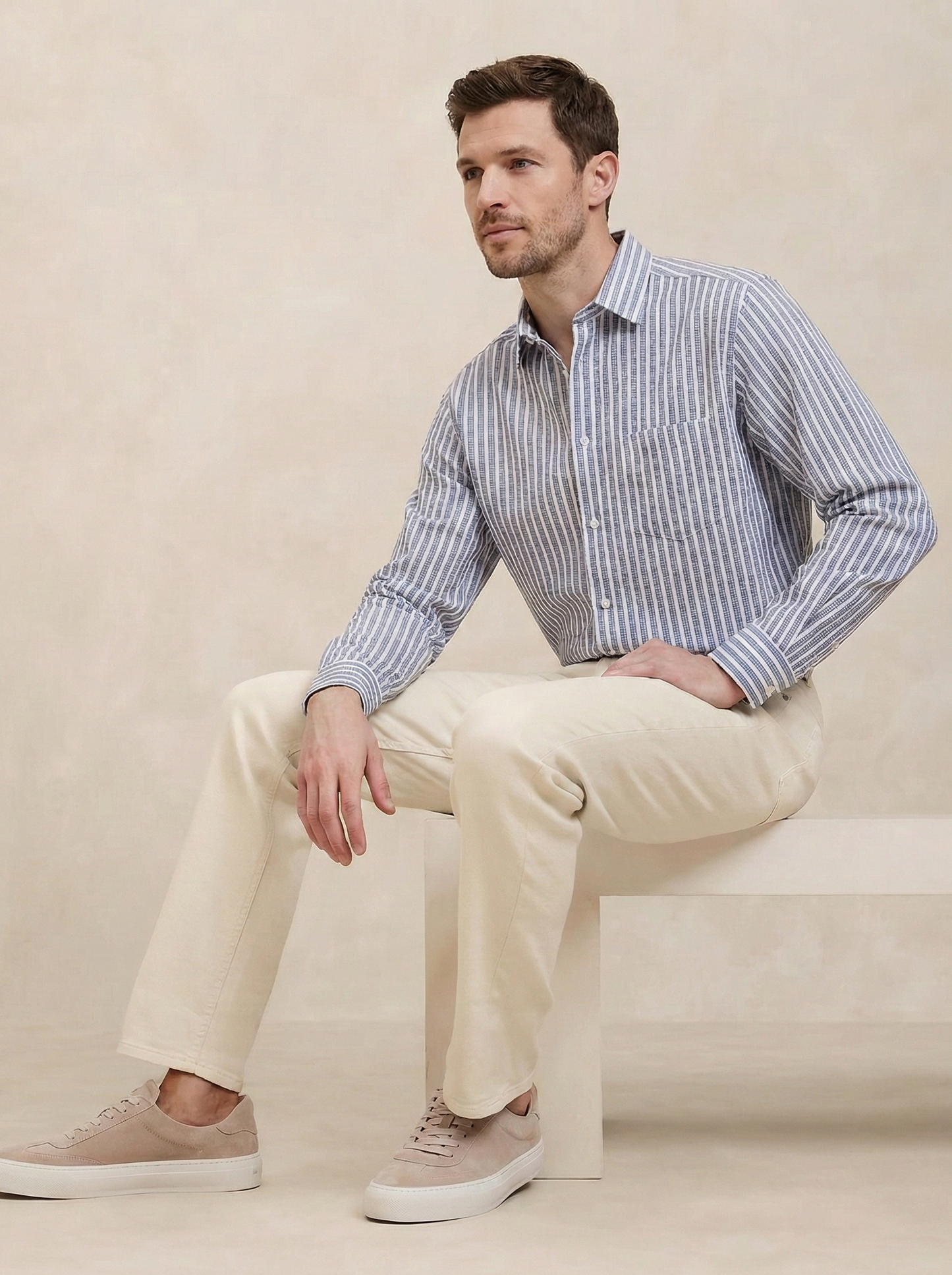 Sky Blue and White Color Stripes Knitted Fabric Shirt