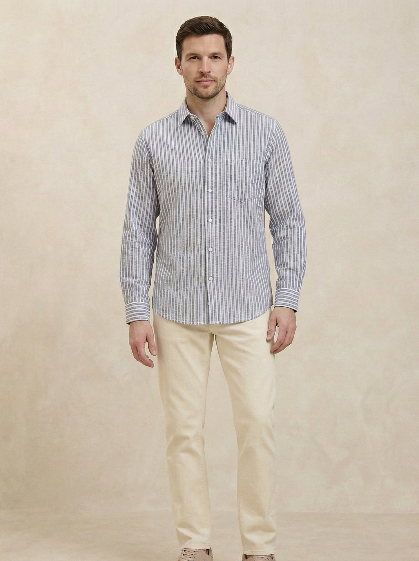 Sky Blue and White Color Stripes Knitted Fabric Shirt