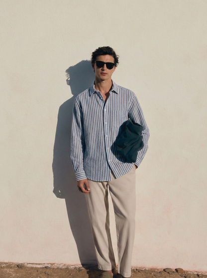 Sky Blue and White Color Stripes Knitted Fabric Shirt