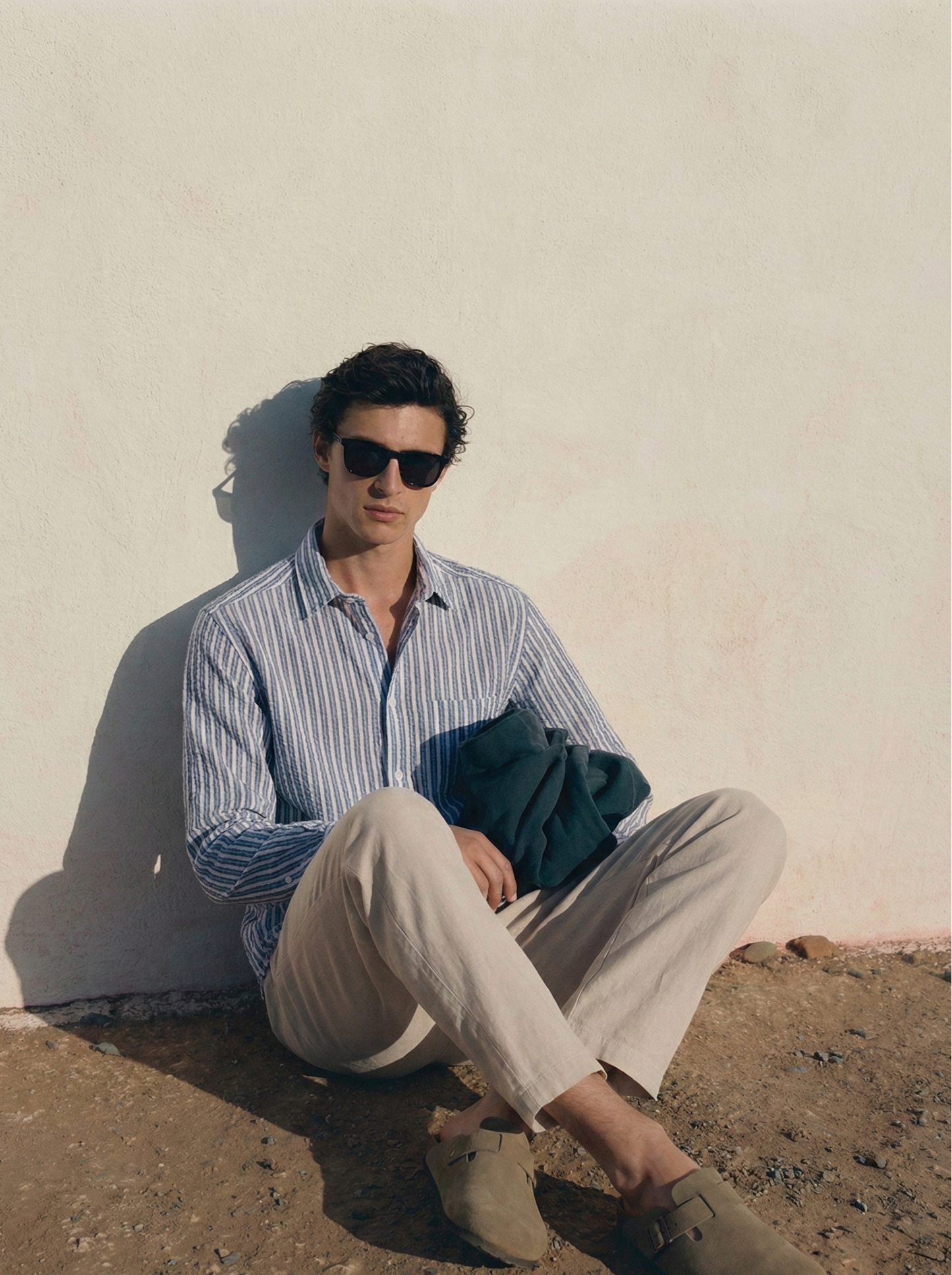 Sky Blue and White Color Stripes Knitted Fabric Shirt