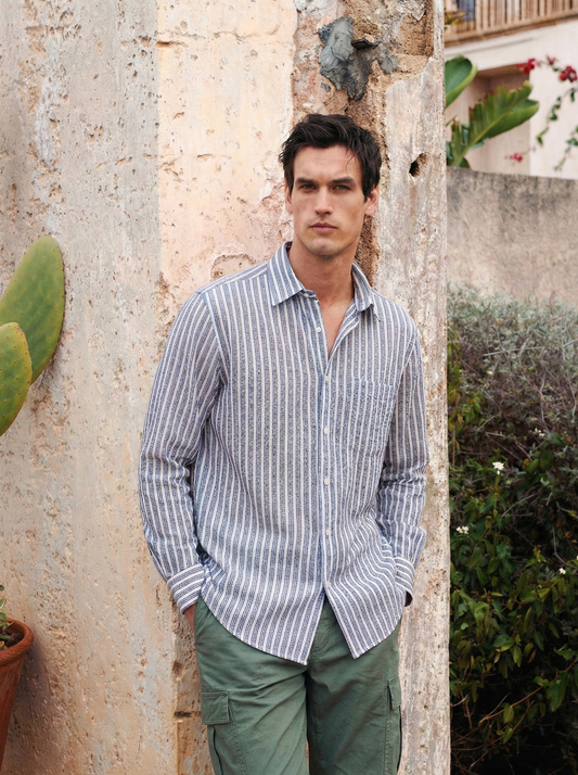 Sky Blue and White Color Stripes Knitted Fabric Shirt