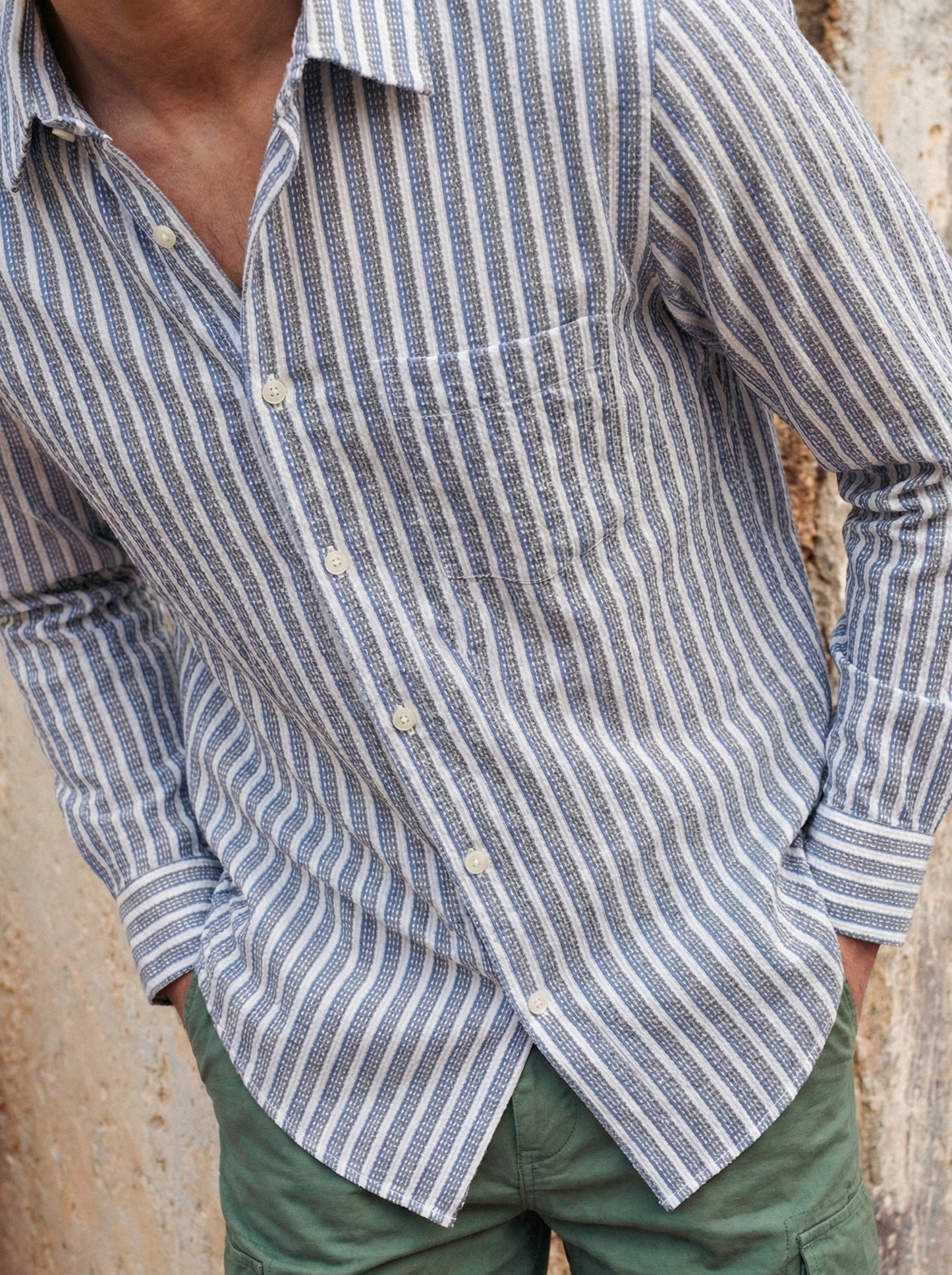 Sky Blue and White Color Stripes Knitted Fabric Shirt