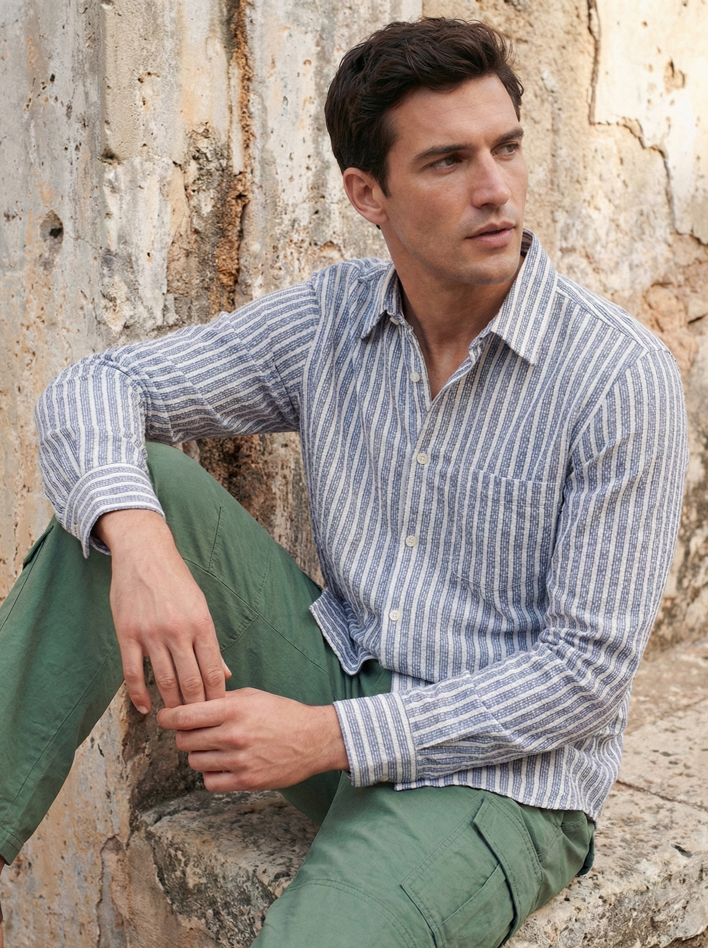 Sky Blue and White Color Stripes Knitted Fabric Shirt