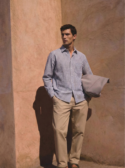 Sky Blue and White Color Stripes Knitted Fabric Shirt