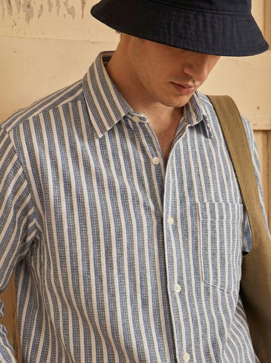 Sky Blue and White Color Stripes Knitted Fabric Shirt