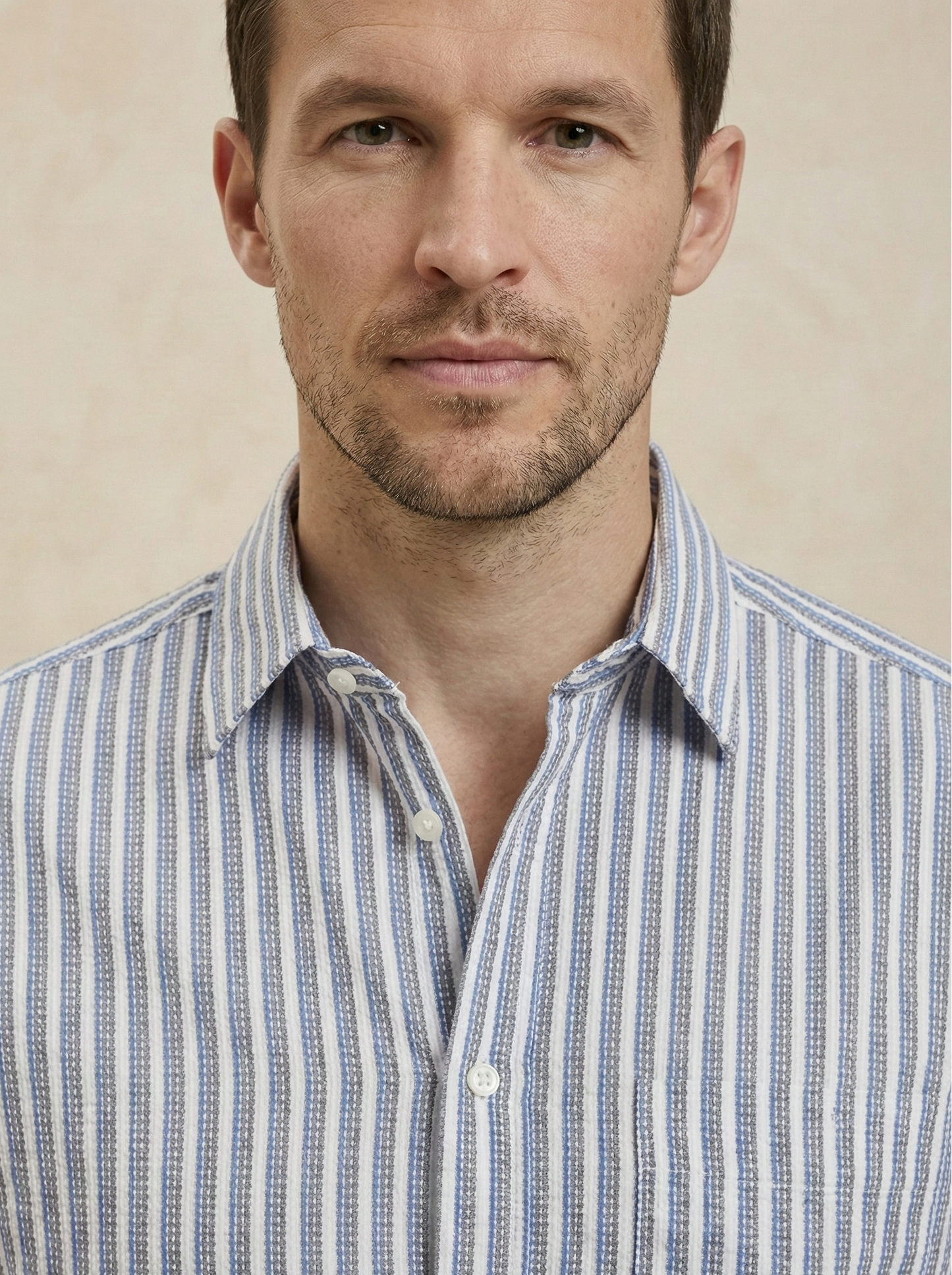 Sky Blue and White Color Stripes Knitted Fabric Shirt