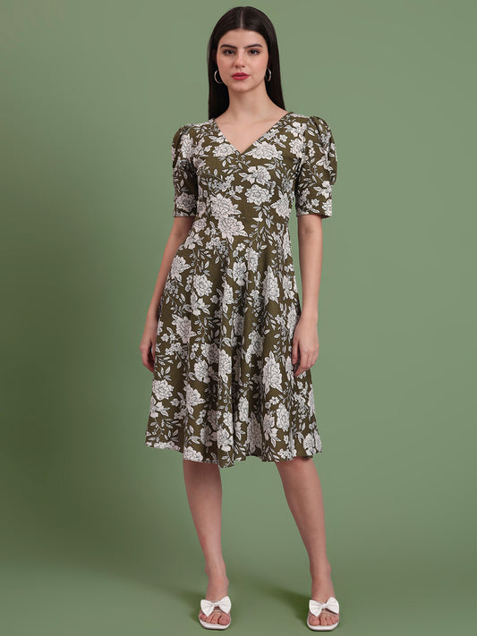 Puff Sleeves Cotton Knee Length Dress