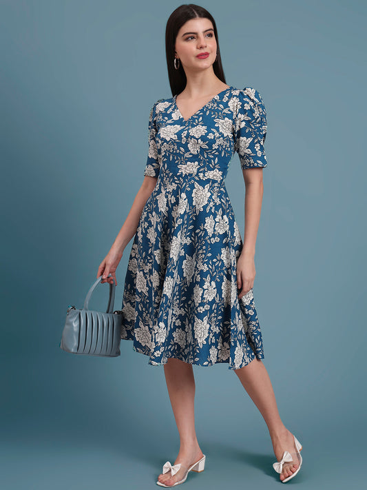 Puff Sleeves Cotton Knee Length Dress