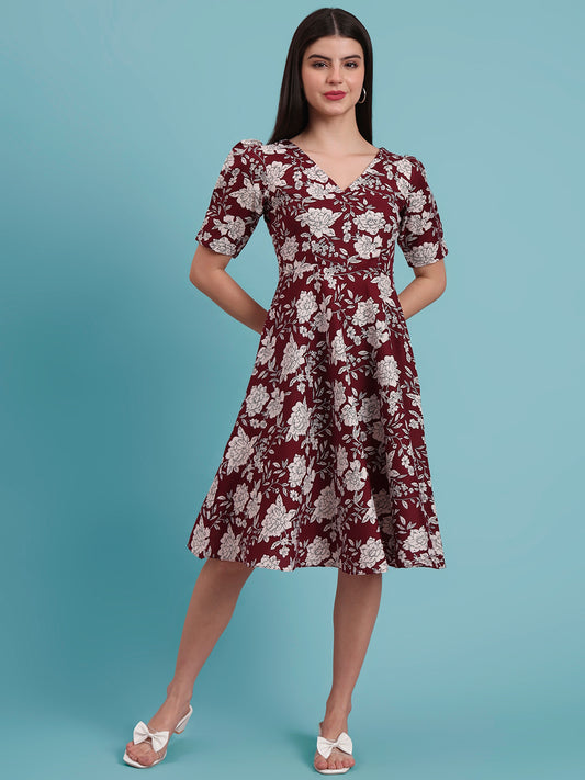 Puff Sleeves Cotton Knee Length Dress