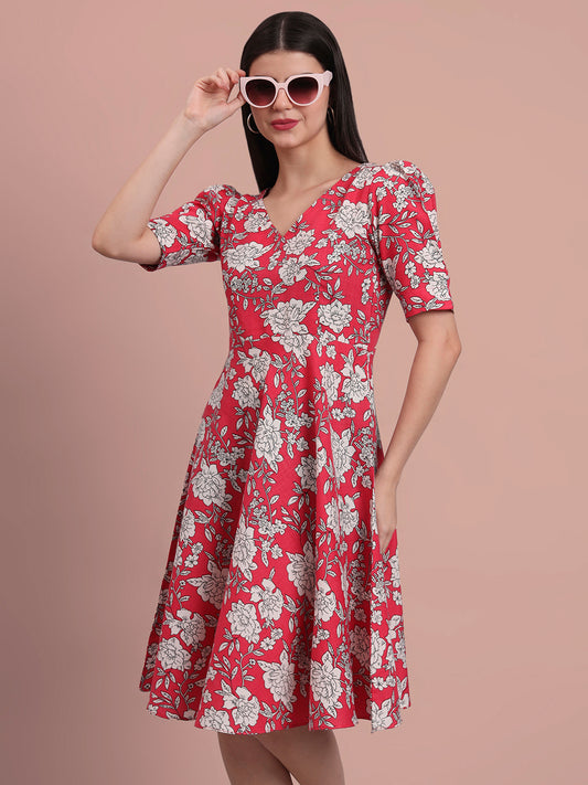 Puff Sleeves Cotton Knee Length Dress