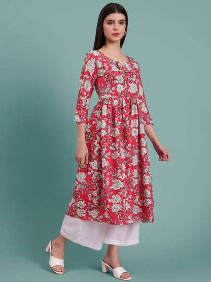 Floral Printed Tie-Up Neck A Line Pure Cotton Kurta With Palazo