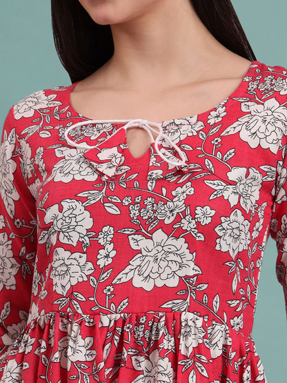 Floral Printed Tie-Up Neck A Line Pure Cotton Kurta With Palazo