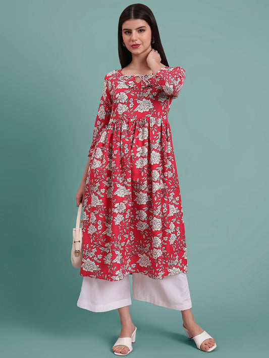 Floral Printed Tie-Up Neck A Line Pure Cotton Kurta With Palazo