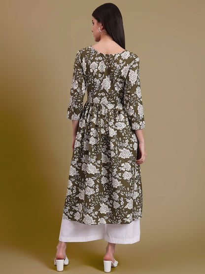 Floral Printed Tie-Up Neck A Line Pure Cotton Kurta With Palazo