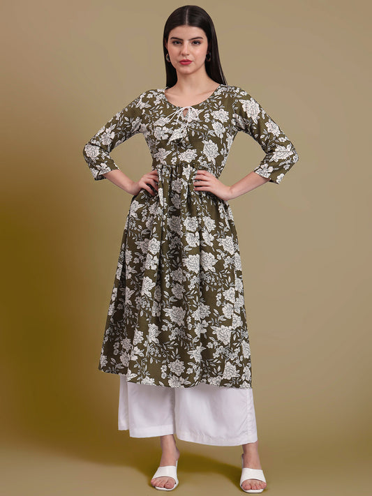 Floral Printed Tie-Up Neck A Line Pure Cotton Kurta With Palazo