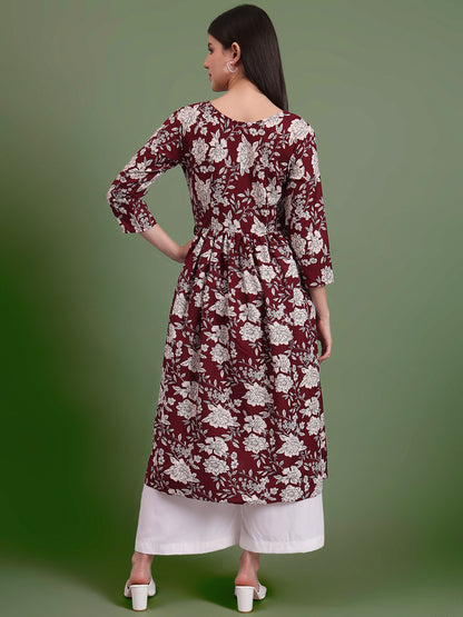 Floral Printed Tie-Up Neck A Line Pure Cotton Kurta With Palazo