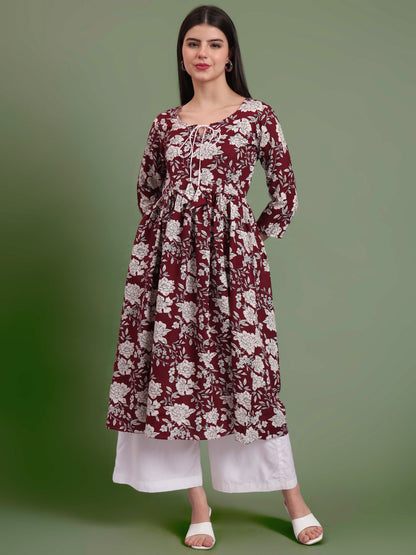 Floral Printed Tie-Up Neck A Line Pure Cotton Kurta With Palazo