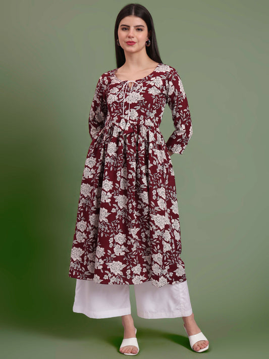 Floral Printed Tie-Up Neck A Line Pure Cotton Kurta With Palazo