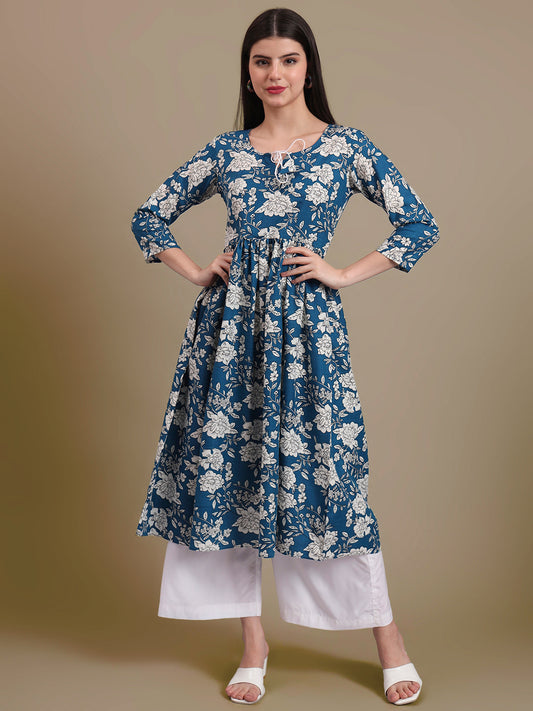 Floral Printed Tie-Up Neck A Line Pure Cotton Kurta With Palazo