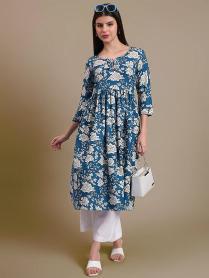 Floral Printed Tie-Up Neck A Line Pure Cotton Kurta With Palazo
