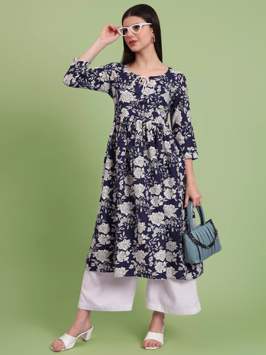 Floral Printed Tie-Up Neck A Line Pure Cotton Kurta With Palazo