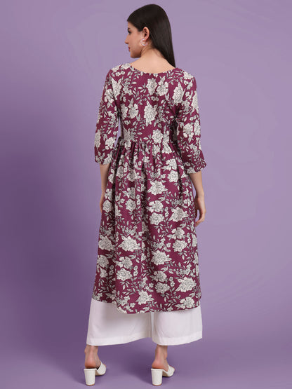 Floral Printed Tie-Up Neck A Line Pure Cotton Kurta With Palazo