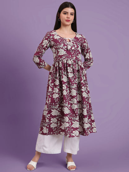 Floral Printed Tie-Up Neck A Line Pure Cotton Kurta With Palazo
