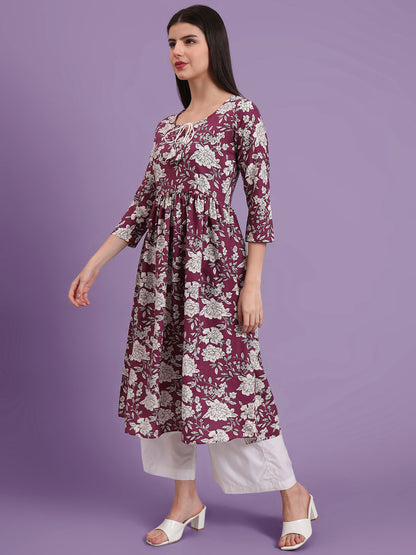 Floral Printed Tie-Up Neck A Line Pure Cotton Kurta With Palazo