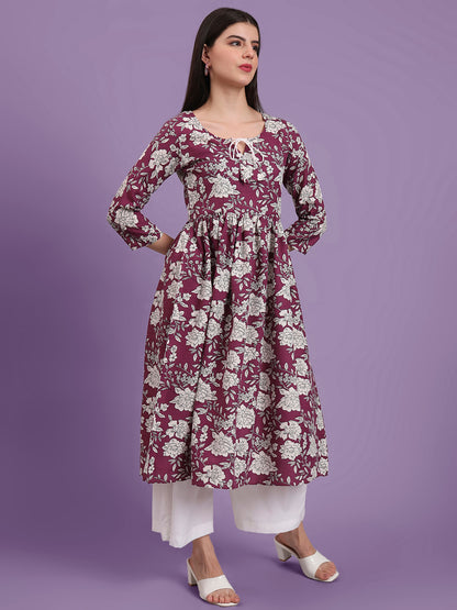 Floral Printed Tie-Up Neck A Line Pure Cotton Kurta With Palazo