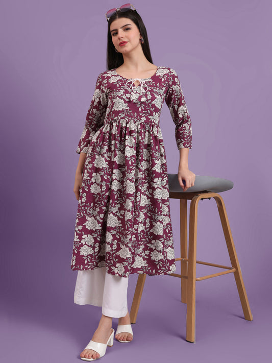 Floral Printed Tie-Up Neck A Line Pure Cotton Kurta With Palazo