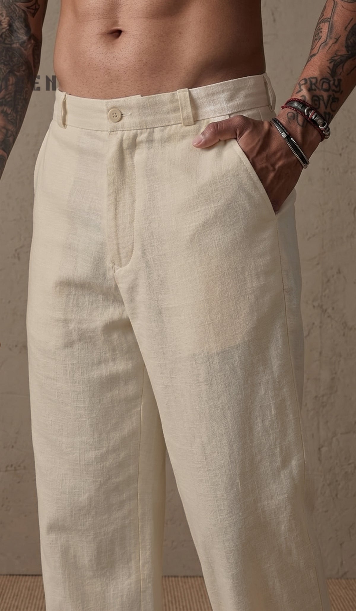 Men’s Beige Relaxed Fit Wide-Leg Trousers | Premium Casual Linen Trouser
