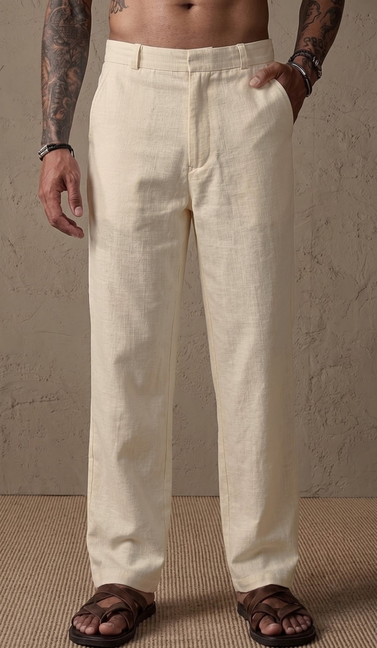 Men’s Beige Relaxed Fit Wide-Leg Trousers | Premium Casual Linen Trouser