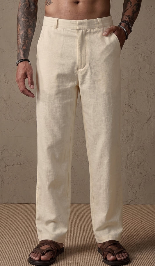 Men’s Beige Relaxed Fit Wide-Leg Trousers | Premium Casual Linen Trouser