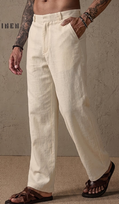 Men’s Beige Relaxed Fit Wide-Leg Trousers | Premium Casual Linen Trouser
