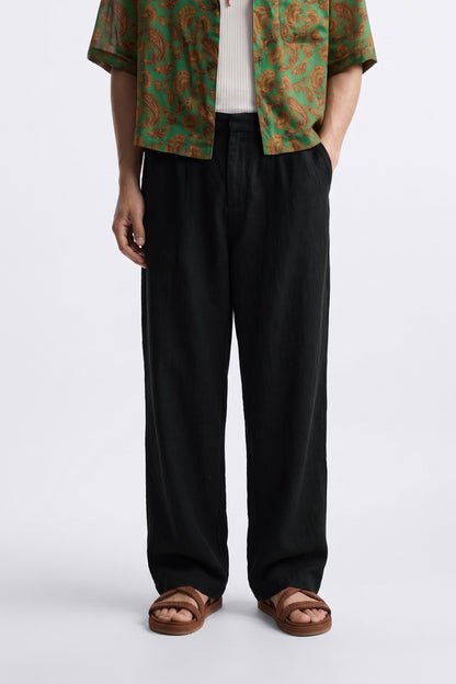 Men’s Black Relaxed Fit Wide-Leg Trousers | Premium Casual Linen Trouser