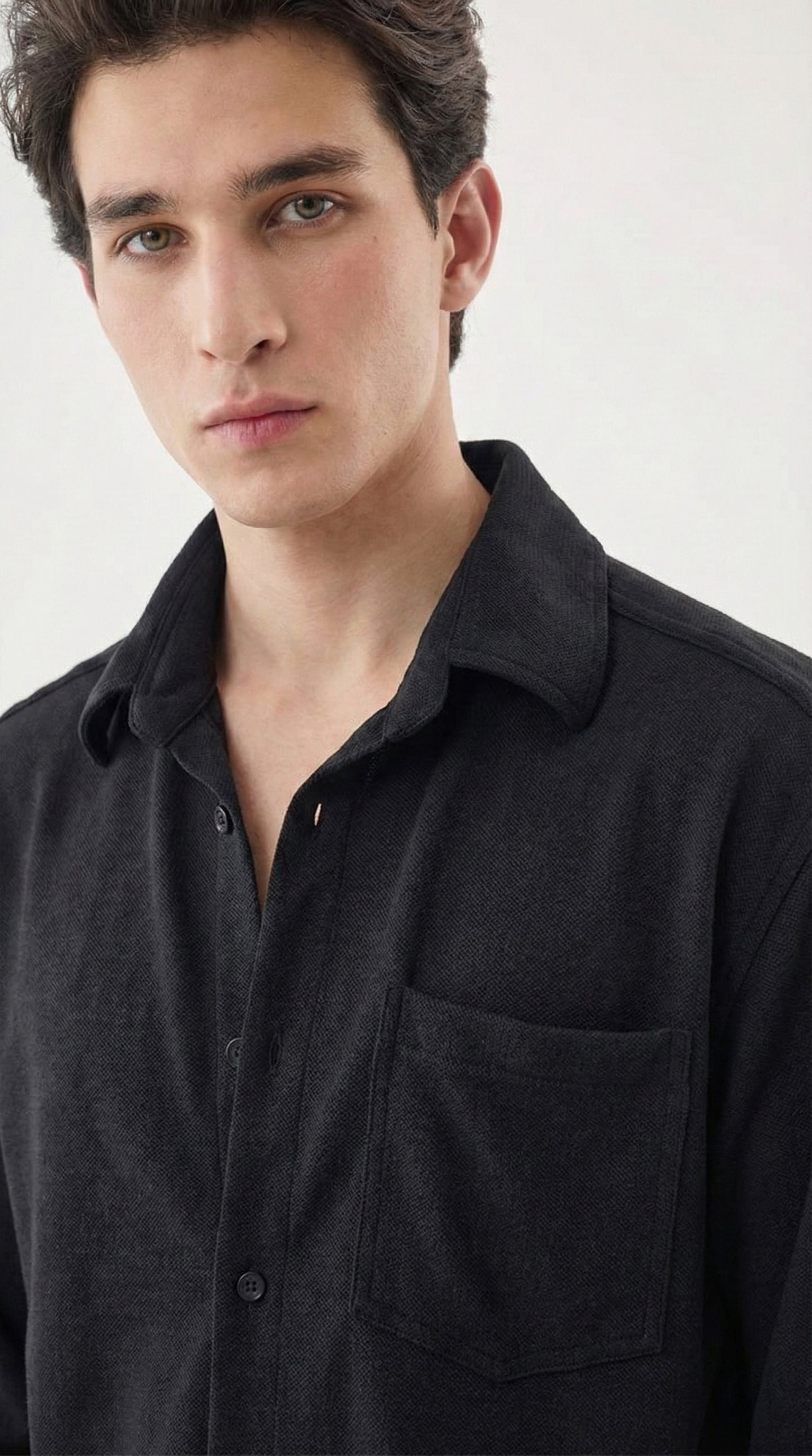Men's Solid Black Lycra Casual Button-Down Shirt
