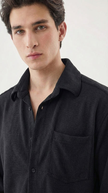 Men's Solid Black Lycra Casual Button-Down Shirt