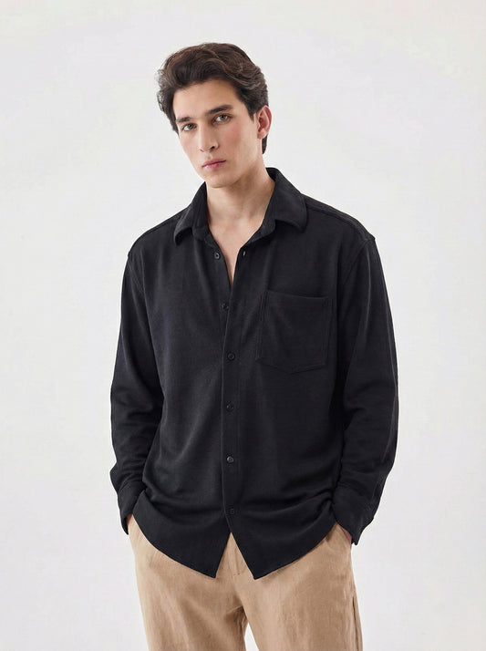 Men's Solid Black Lycra Casual Button-Down Shirt