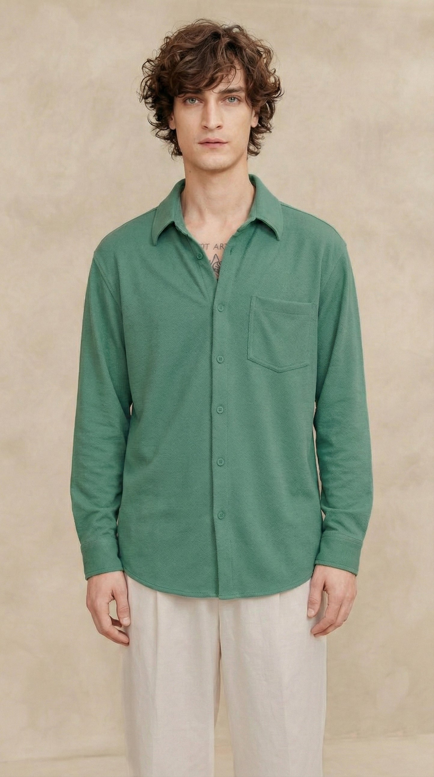 Men's Solid Green Lycra Casual Button-Down Shirt