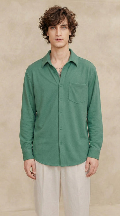 Men's Solid Green Lycra Casual Button-Down Shirt