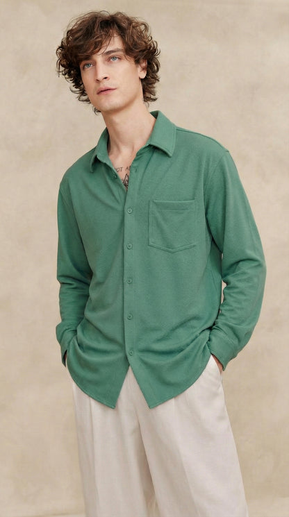 Men's Solid Green Lycra Casual Button-Down Shirt